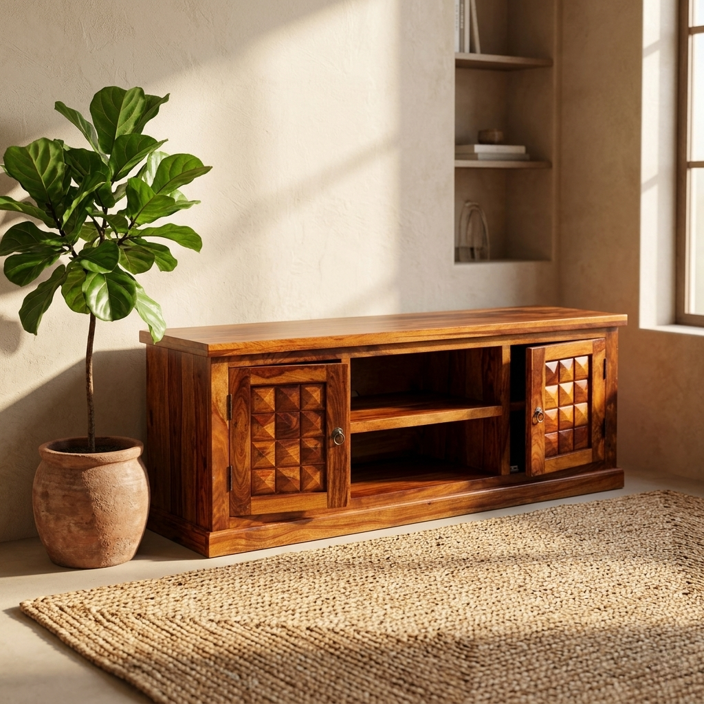Handcrafted Solid Wood TV Unit | Geometric Storage Entertainment Console