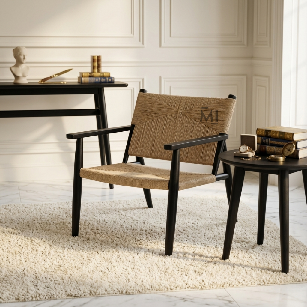 Handwoven Rope Accent Lounge Chair with Solid Wood Frame