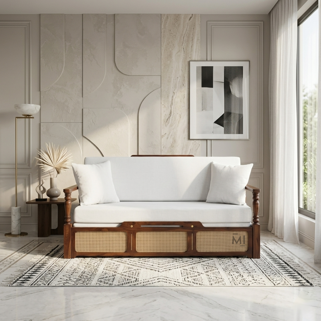 Wooden bed with white bedding in a stylish bedroom with abstract art and decor.