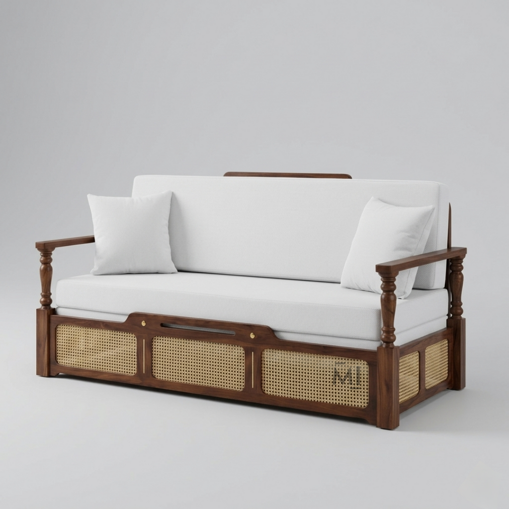 Wooden sofa with wicker storage compartments and white cushions on a gray background