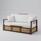 Wooden sofa with wicker storage compartments and white cushions on a gray background