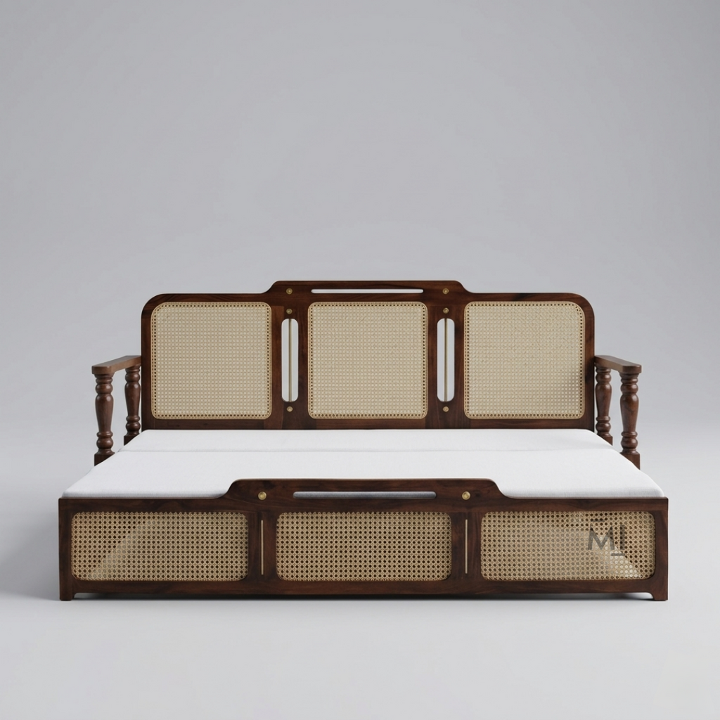 Wooden bed with wicker backrest and white mattress on a gray background
