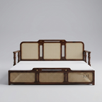 Wooden bed with wicker backrest and white mattress on a gray background
