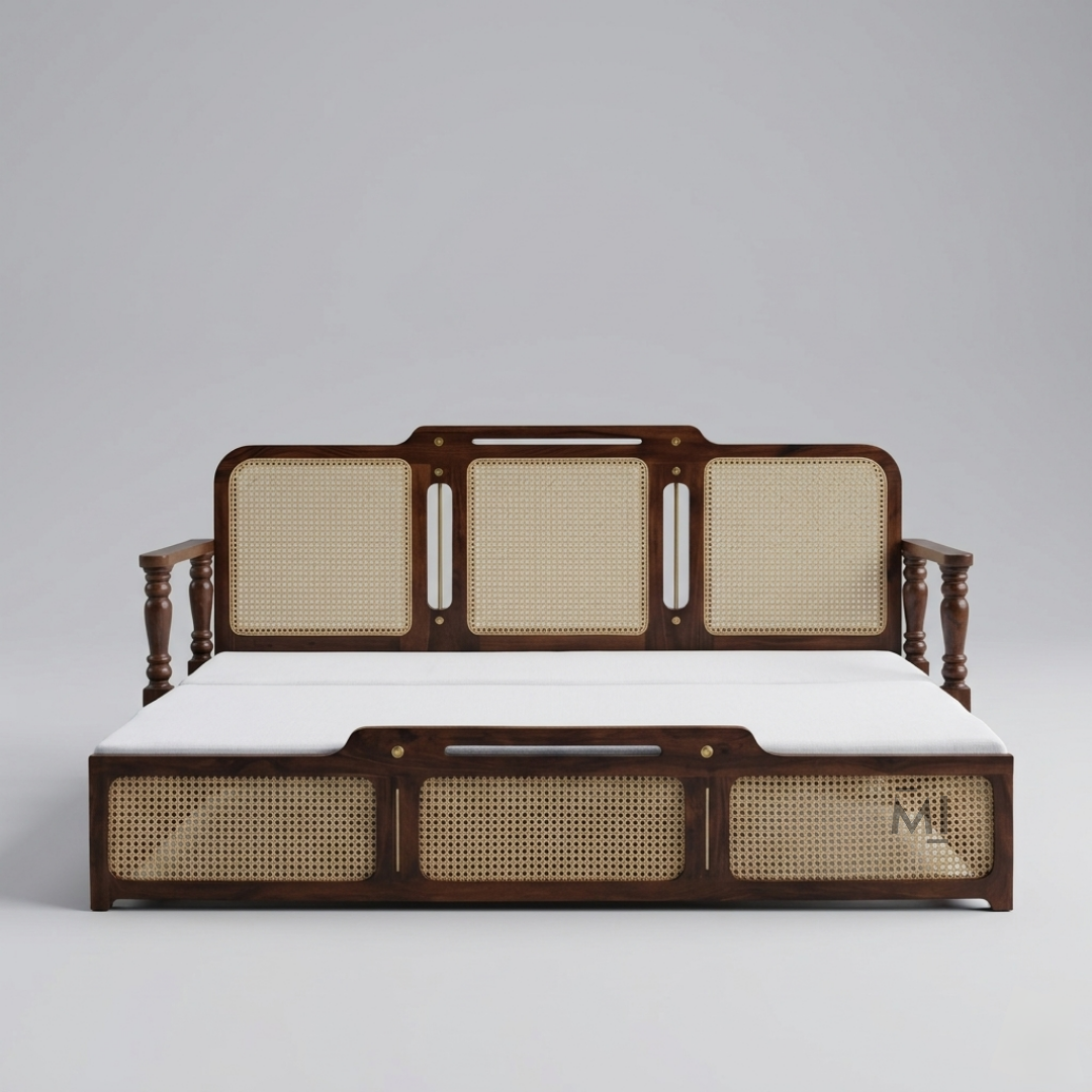Wooden bed with wicker backrest and white mattress on a gray background