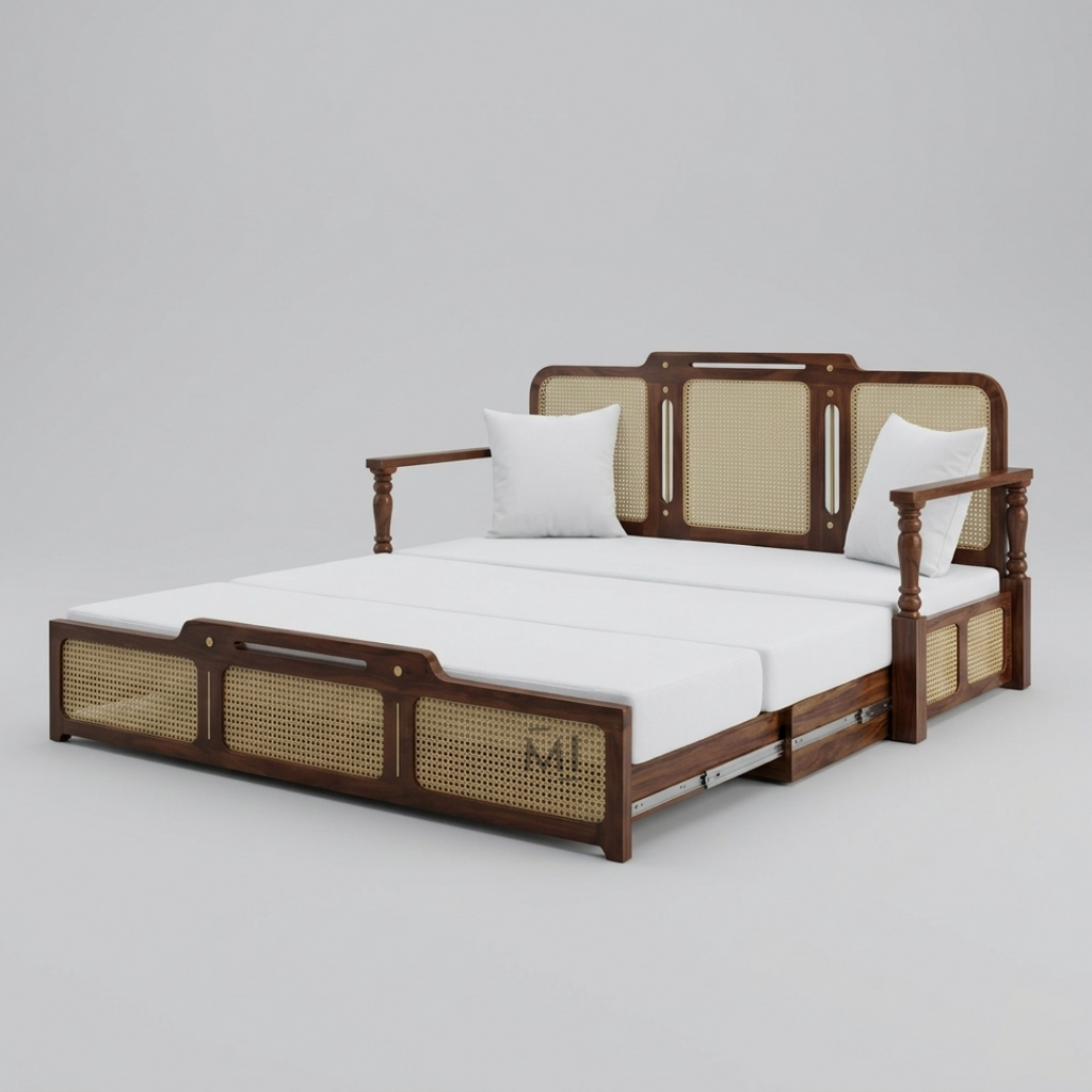 Wooden bed frame with wicker accents on a white background