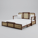 Wooden bed frame with wicker accents on a white background