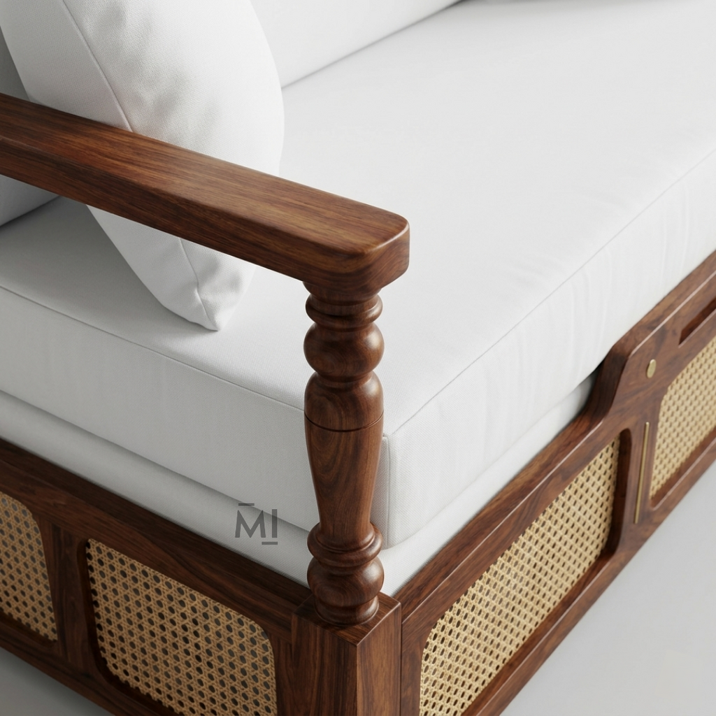 Wooden bed frame with white mattress and wooden armrests on a light background