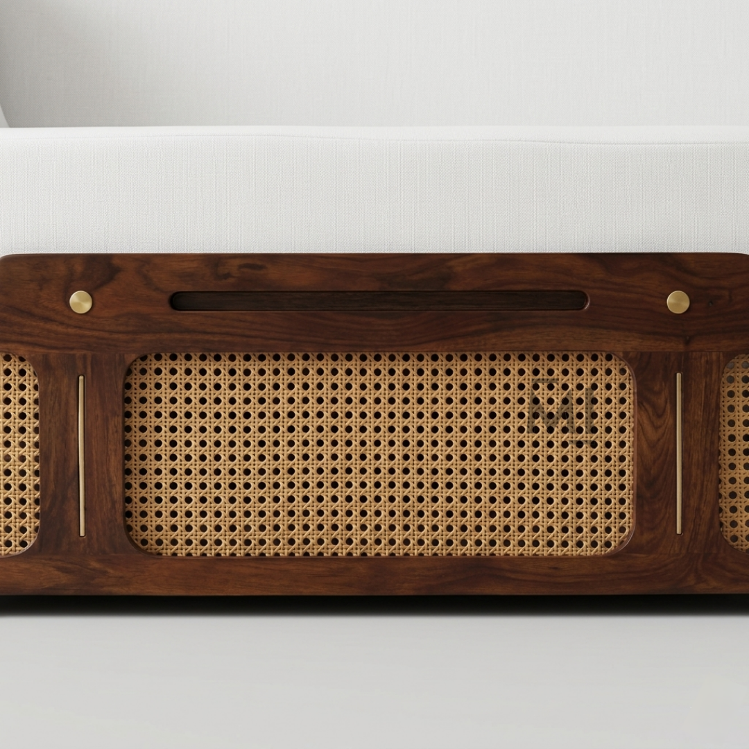 Wooden electronic device with wicker pattern on a white background
