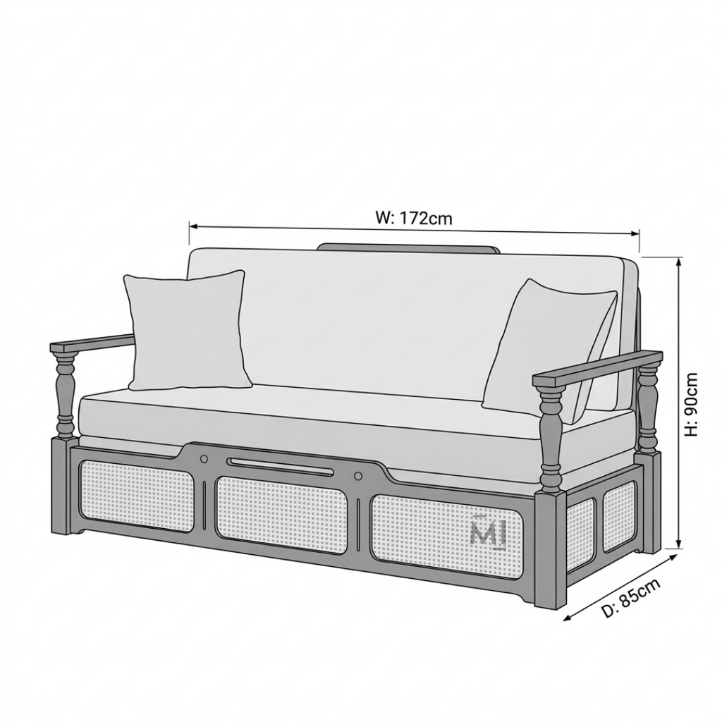 Measurement chart of a wooden bed with mattress and pillows on a white background