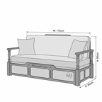 Measurement chart of a wooden bed with mattress and pillows on a white background