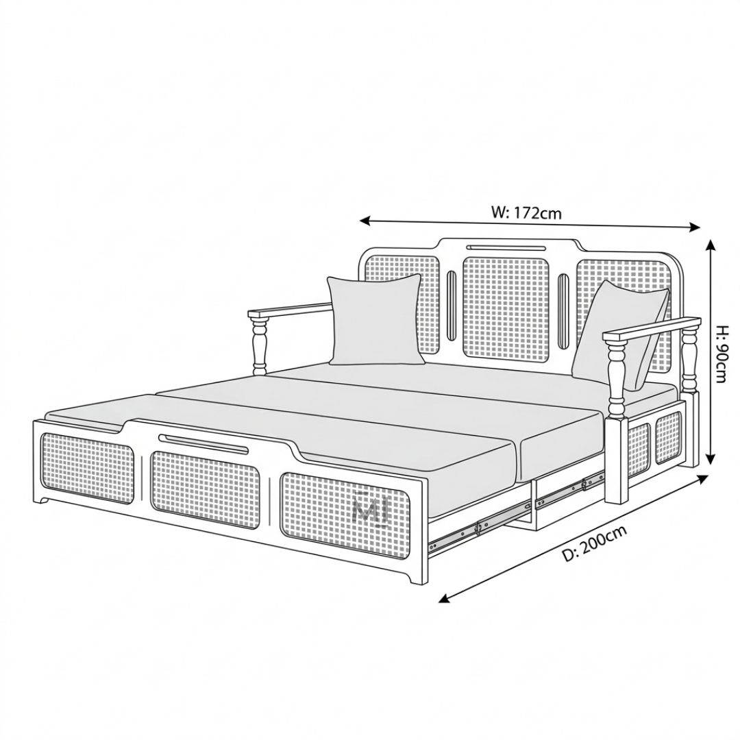 Measurement diagram of a bed with dimensions labeled