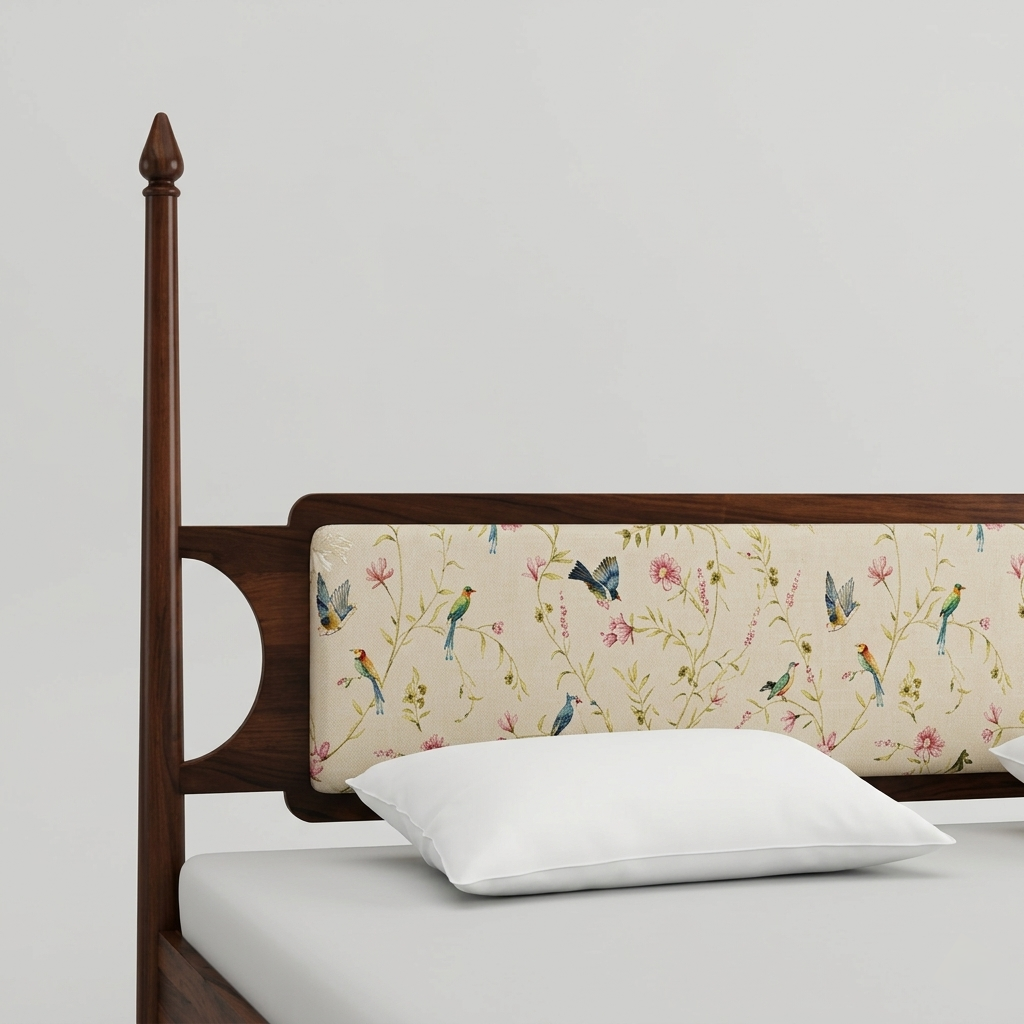 Elvara Poster Bed | Designer Wooden Bed with Upholstered Floral Headboard