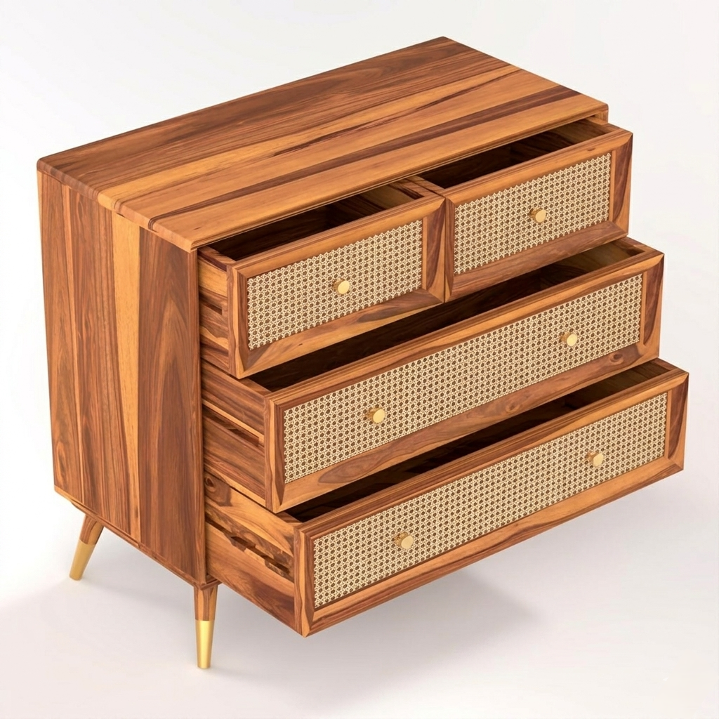 Averra Rattan Wooden Chest of Drawers | Modern Rattan Storage Cabinet with 4 Drawer Design