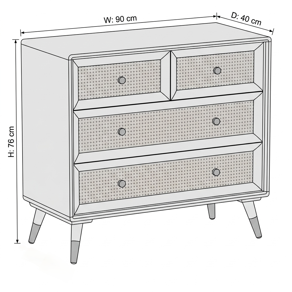 Averra Rattan Wooden Chest of Drawers | Modern Rattan Storage Cabinet with 4 Drawer Design