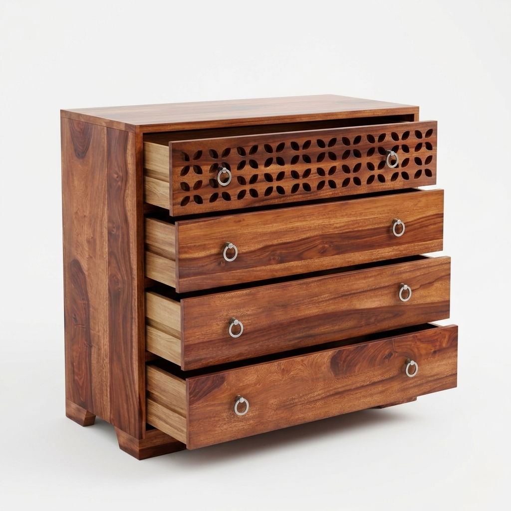Flora Carved Wooden Chest of Drawers | Modern Storage Cabinet with Decorative Panel & 4 Drawer Design