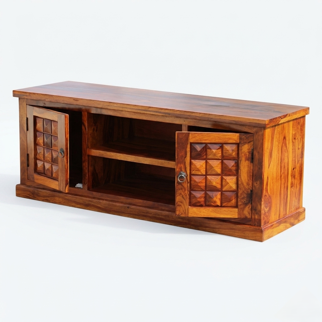 Handcrafted Solid Wood TV Unit | Geometric Storage Entertainment Console