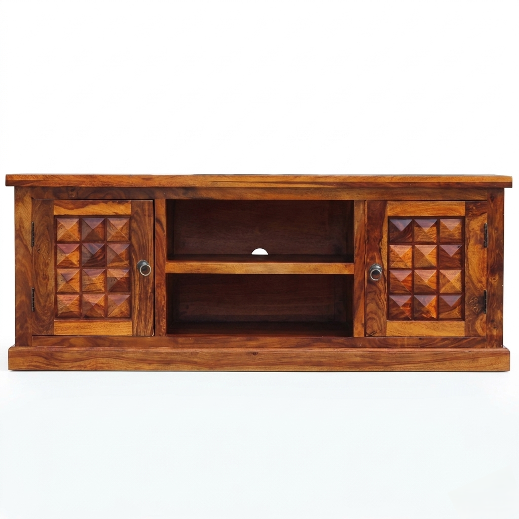 Handcrafted Solid Wood TV Unit | Geometric Storage Entertainment Console