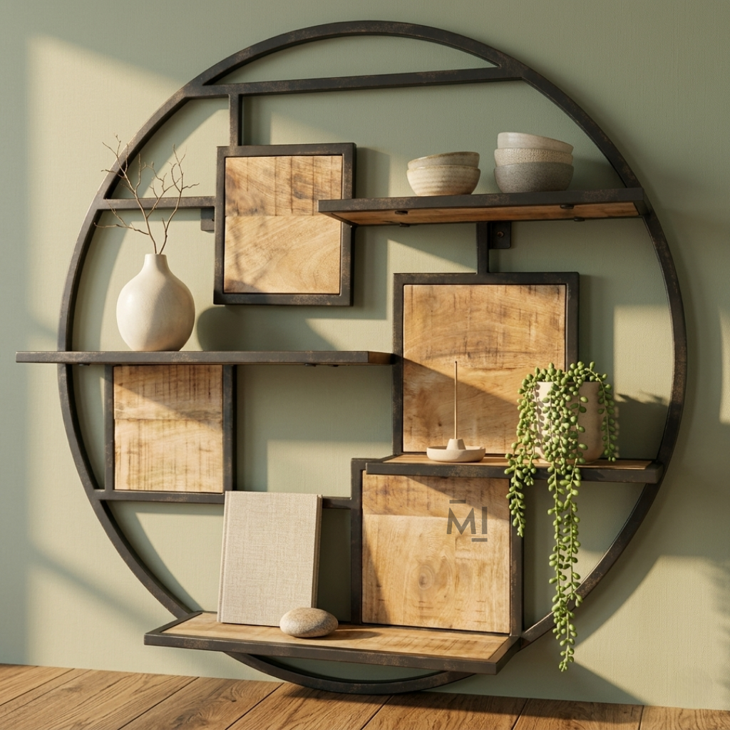Industrial Round Wall Shelf | Metal & Solid Wood Decorative Display Shelf