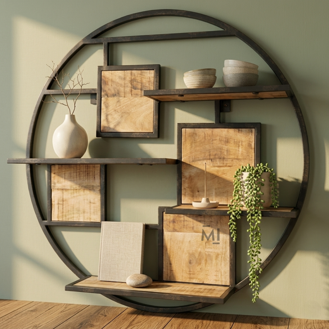Industrial Round Wall Shelf | Metal & Solid Wood Decorative Display Shelf