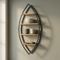 Leaf-shaped wall shelf with metal frame and wooden shelves