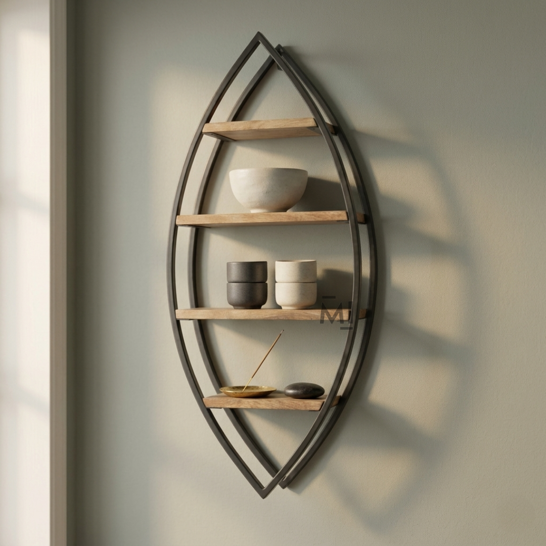 Leaf-shaped wall shelf with metal frame and wooden shelves