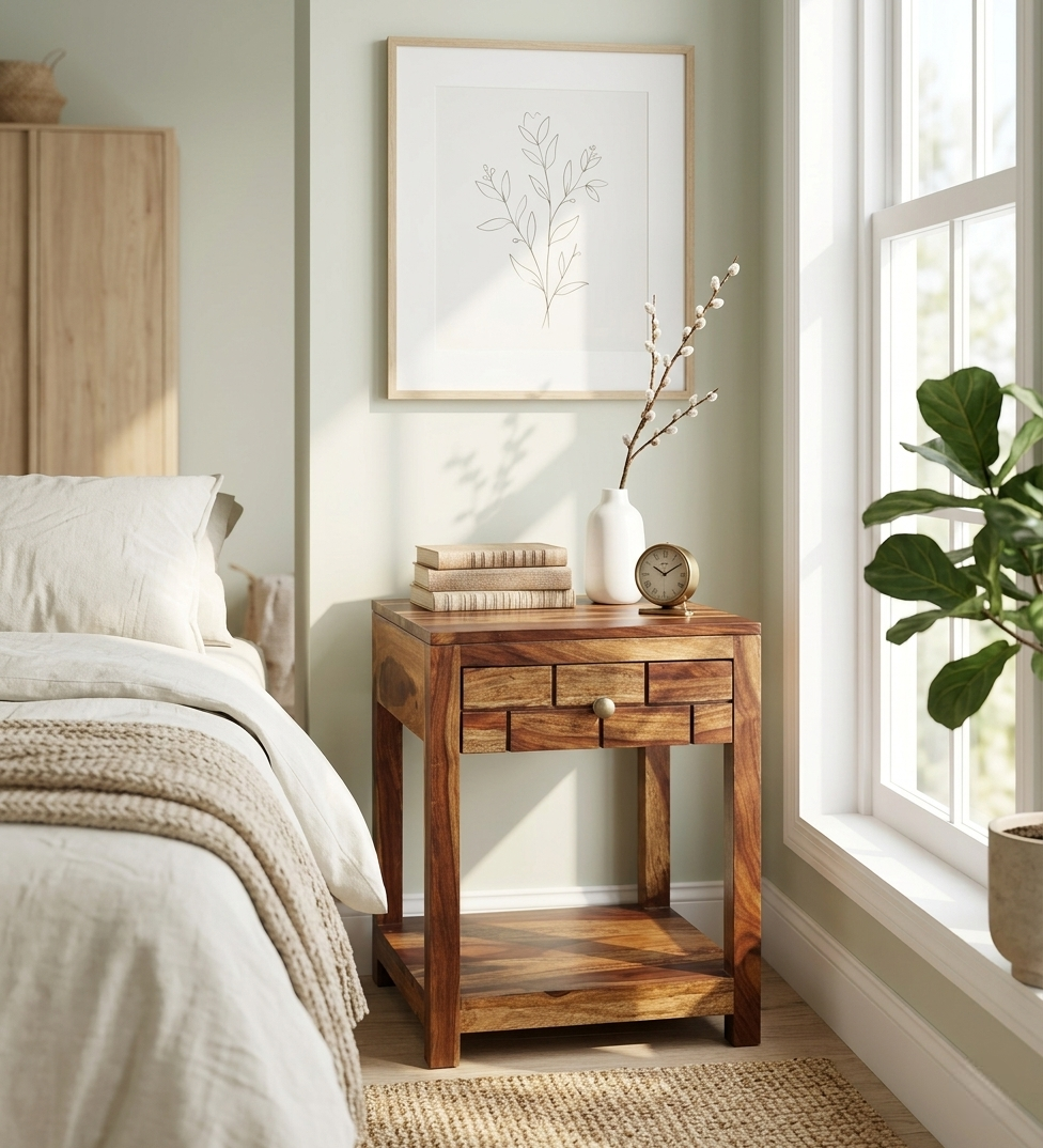 Modern solid wood bedside table with geometric drawer design and open shelf beside a contemporary bedroom bed