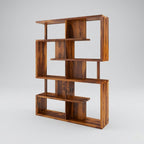 Wooden bookshelf with geometric design on a gray background