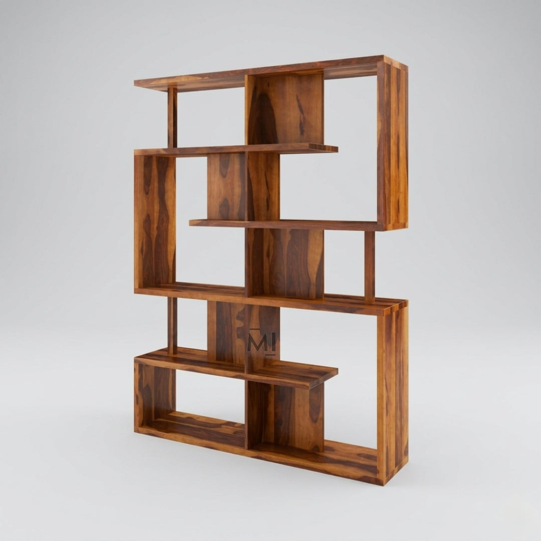 Wooden bookshelf with geometric design on a gray background