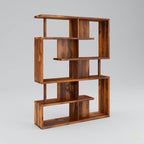 Wooden bookshelf with geometric design on a gray background