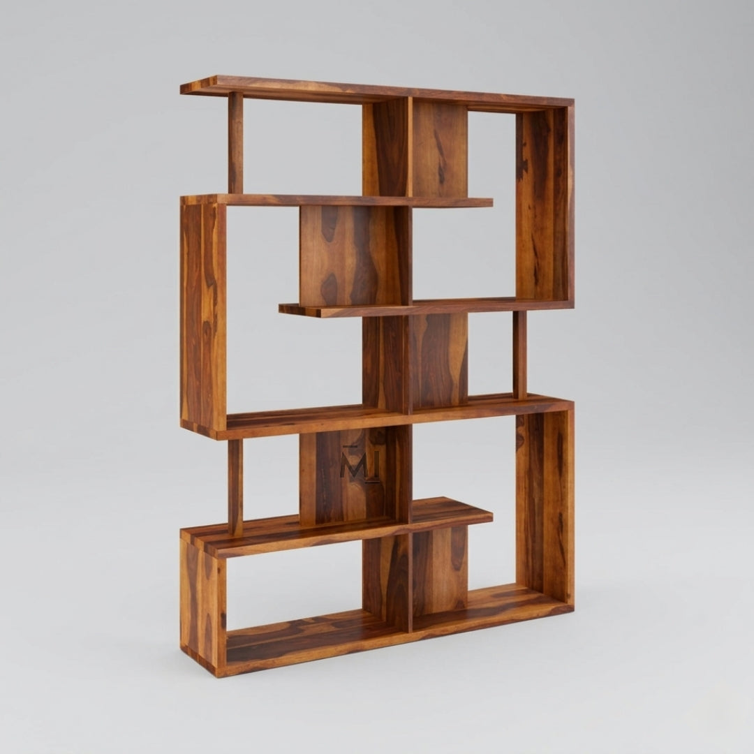 Wooden bookshelf with geometric design on a gray background