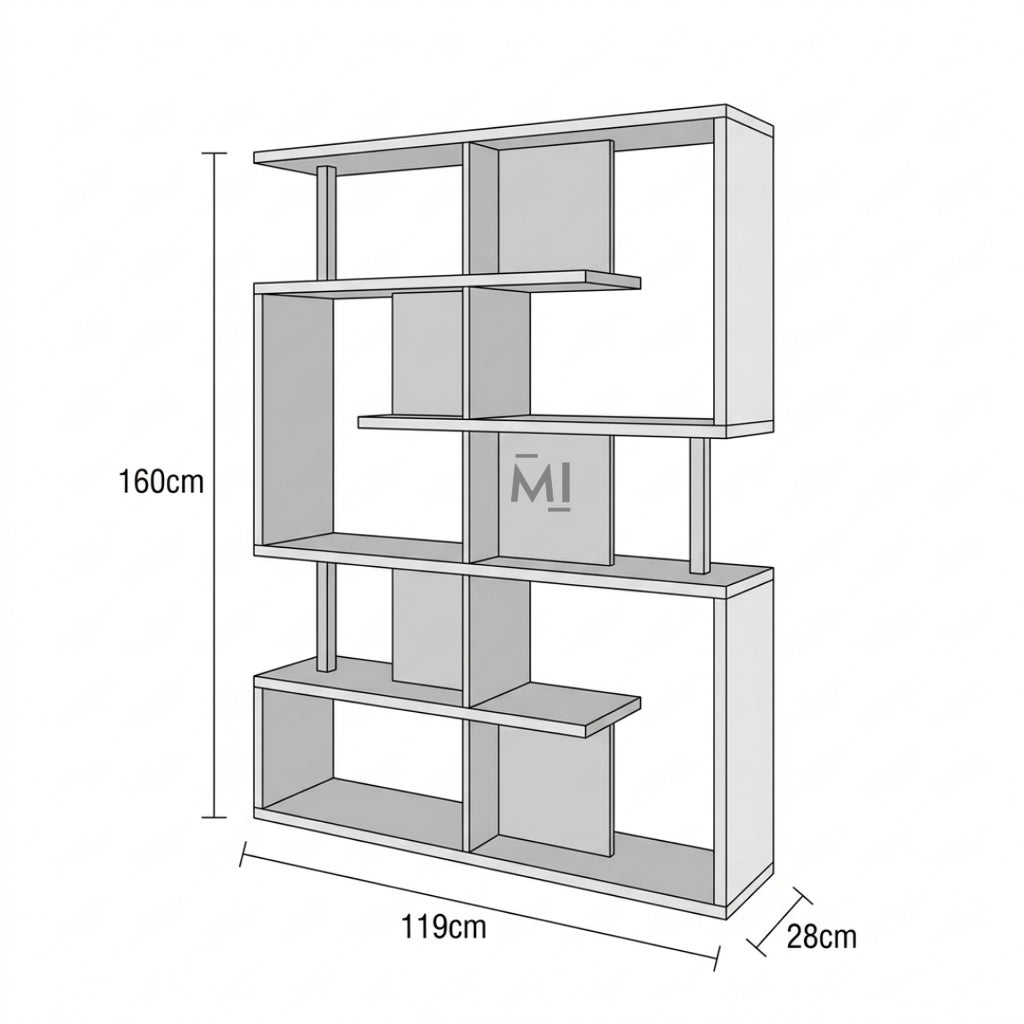 Measurement chart of a bookshelf with dimensions labeled