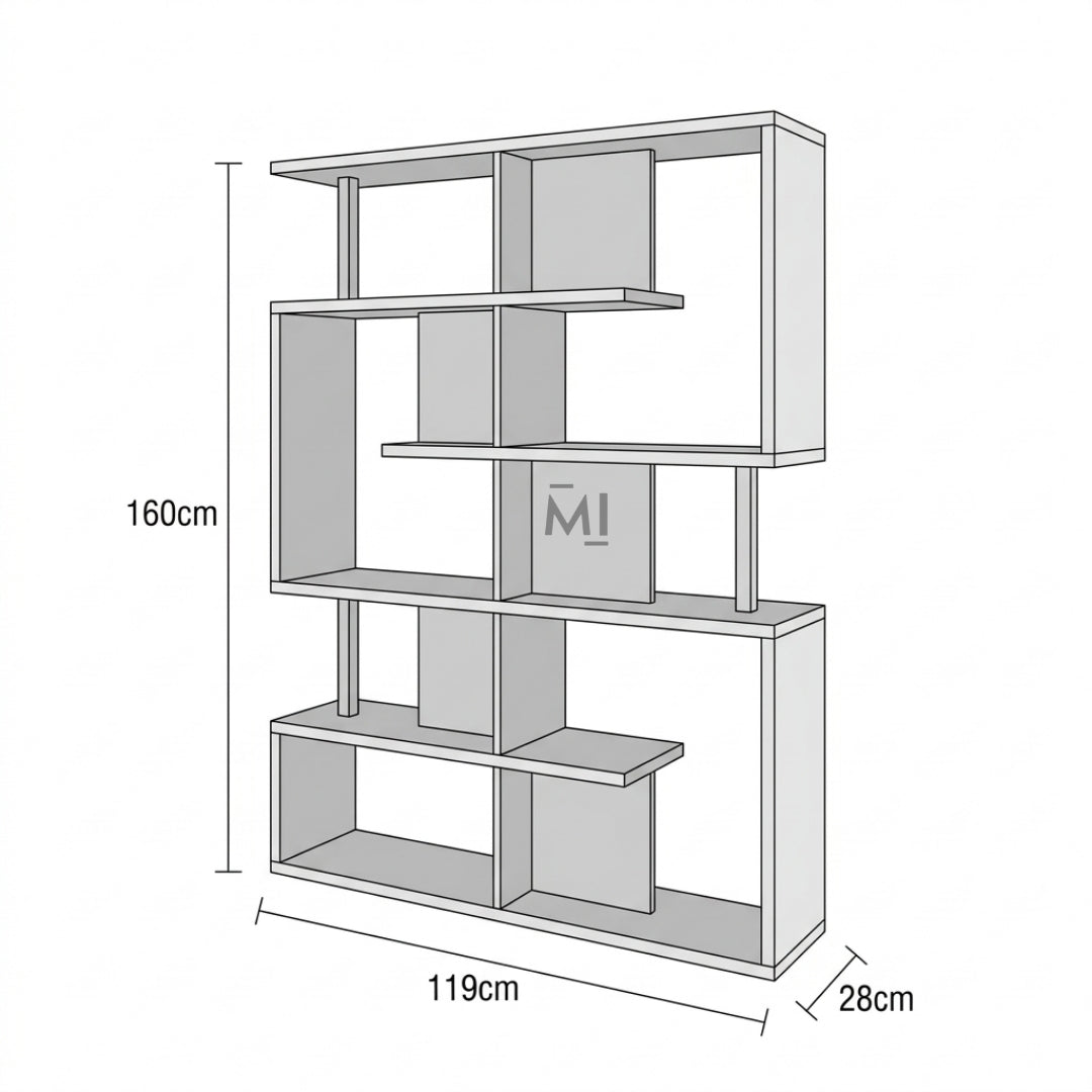 Measurement chart of a bookshelf with dimensions labeled