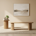 Modern solid wood bench with fluted pedestal legs and curved top in natural oak finish for contemporary interiors