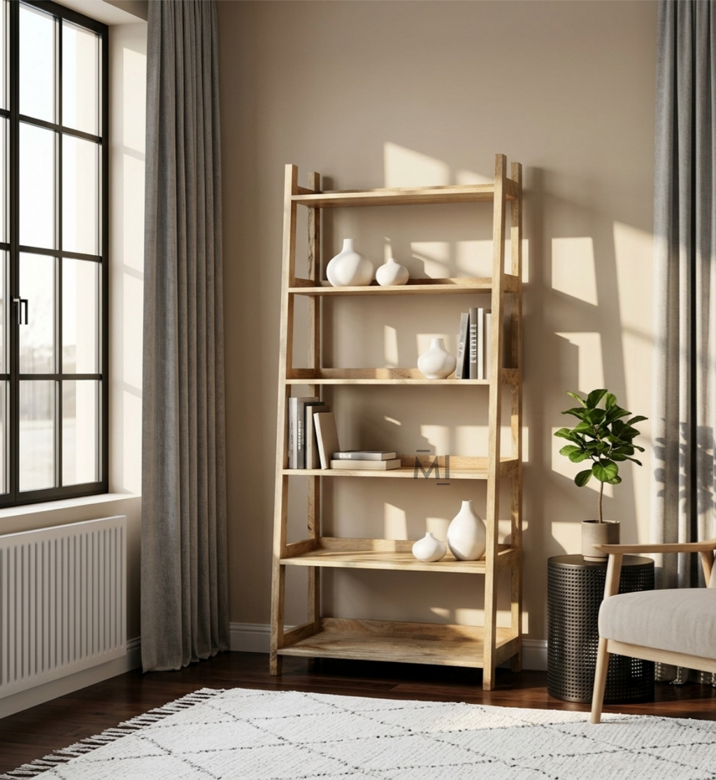 Linea Ladder Wooden Bookshelf | Minimal Open Shelf Storage Unit