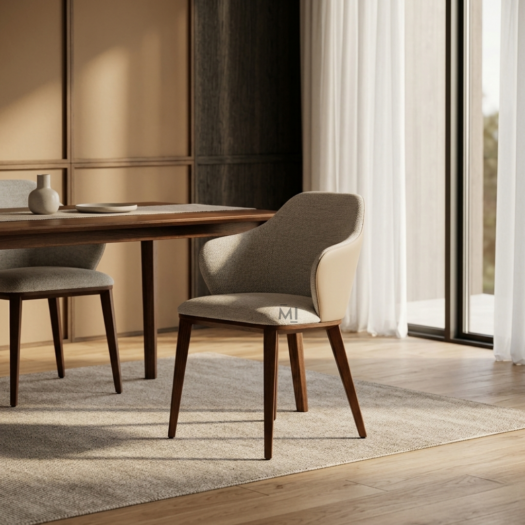 Dining room with wooden table and gray chairs near a window with white curtains.