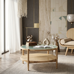 round cane coffee table with glass top wooden frame modern design