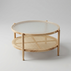 modern wooden coffee table with cane shelf and glass top round table