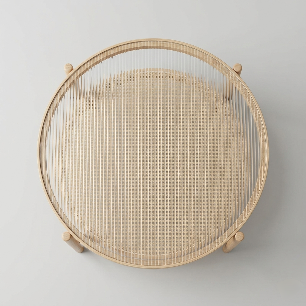 modern wooden coffee table with cane shelf and glass top round table