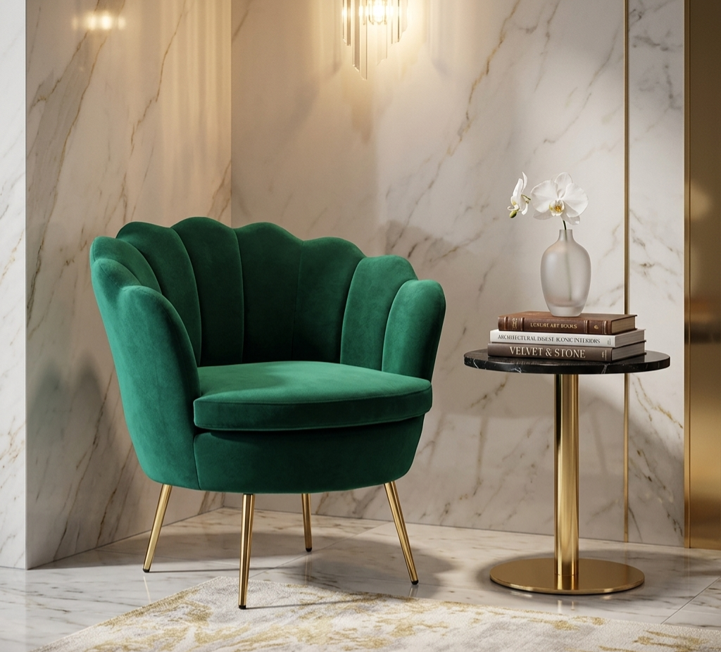 Luxury Velvet Shell Accent Chair | Modern Upholstered Lounge Chair with Gold Legs