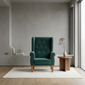 Luxury velvet wingback chair in a modern minimalist interior