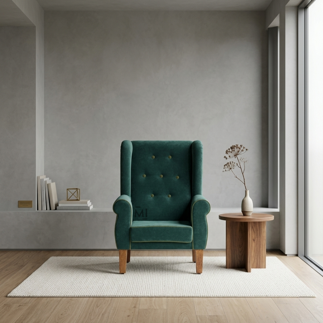 Luxury velvet wingback chair in a modern minimalist interior
