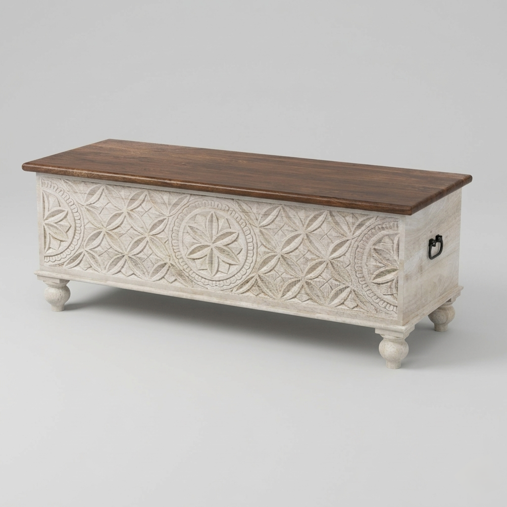 MandalaCraft Solid Wood Storage Trunk | Hand-Carved Rustic Blanket Chest