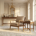 Mid-Century Modern Accent Chair | Upholstered Wooden Lounge Chair with Brass Accents