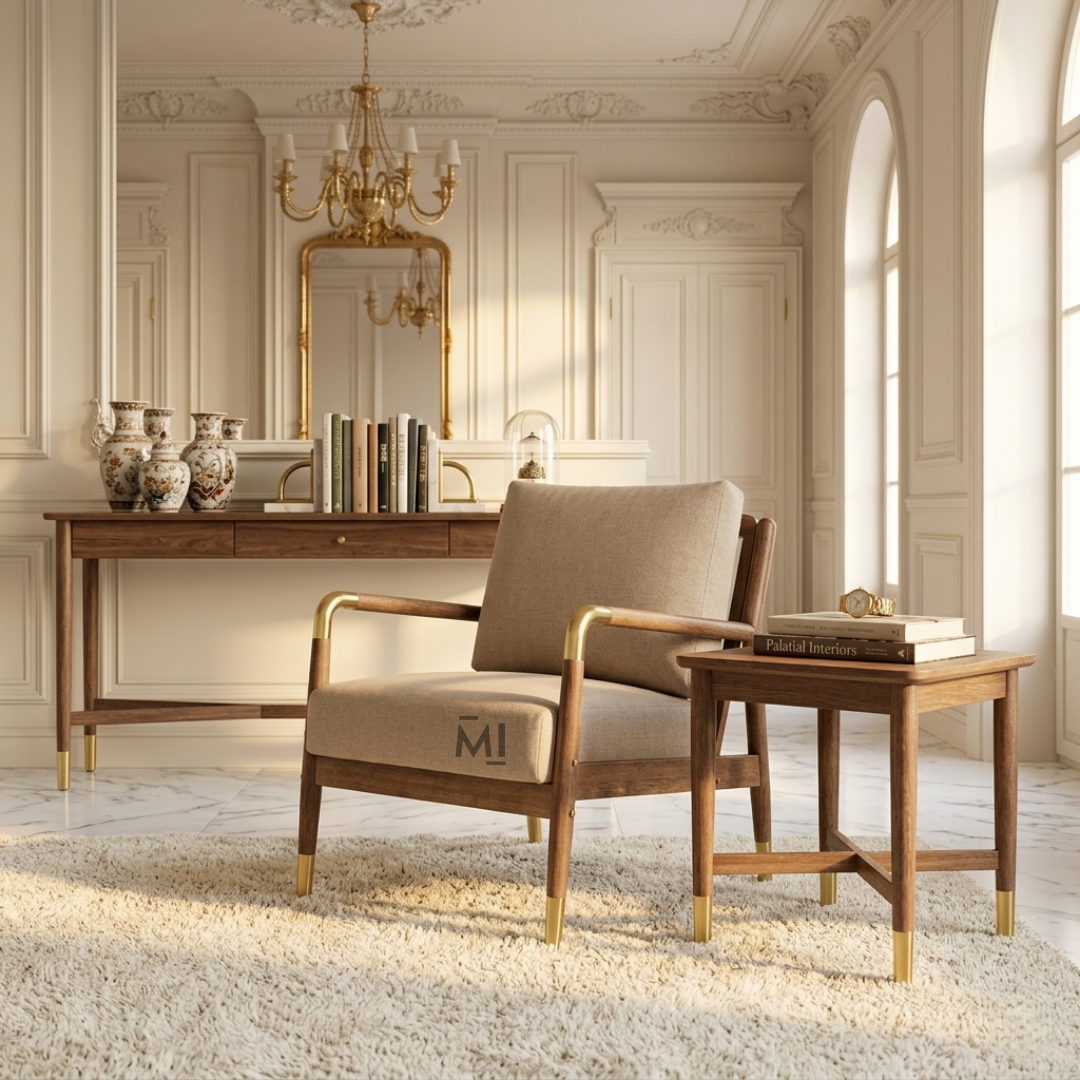 Mid-Century Modern Accent Chair | Upholstered Wooden Lounge Chair with Brass Accents