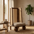 Modern cane accent chair with solid wood frame and upholstered seat