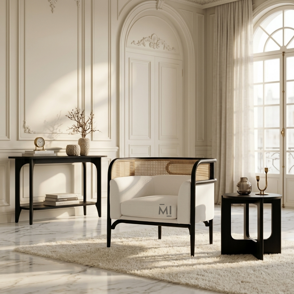 Modern Cane Barrel Accent Chair with Upholstered Cushion