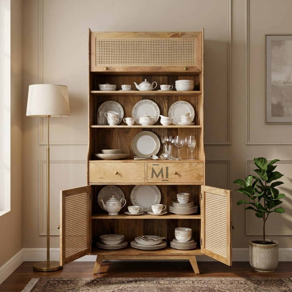 Modern Cane Crockery Hutch Cabinet | Wooden Kitchen Display Unit