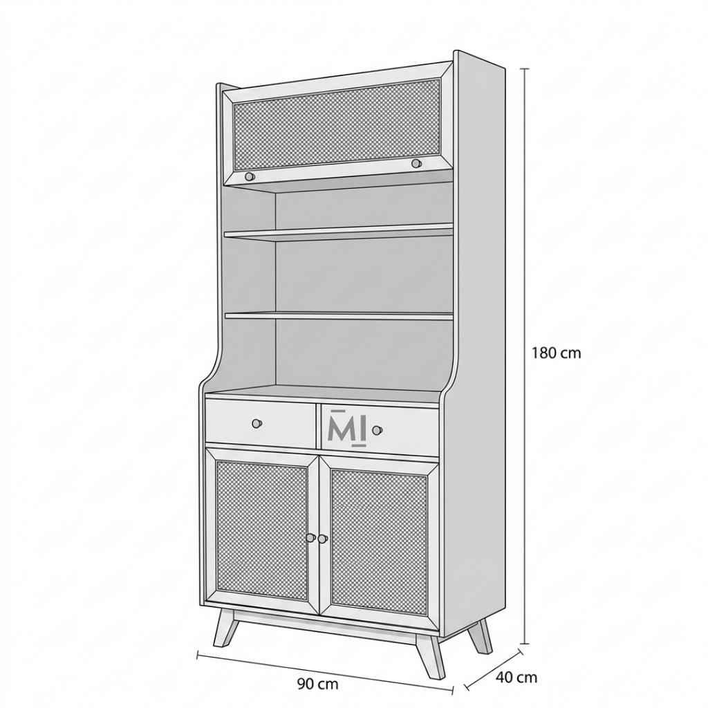 Modern Cane Crockery Hutch Cabinet | Wooden Kitchen Display Unit