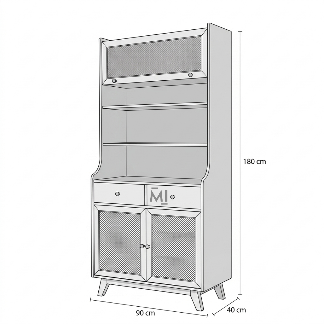 Modern Cane Crockery Hutch Cabinet | Wooden Kitchen Display Unit