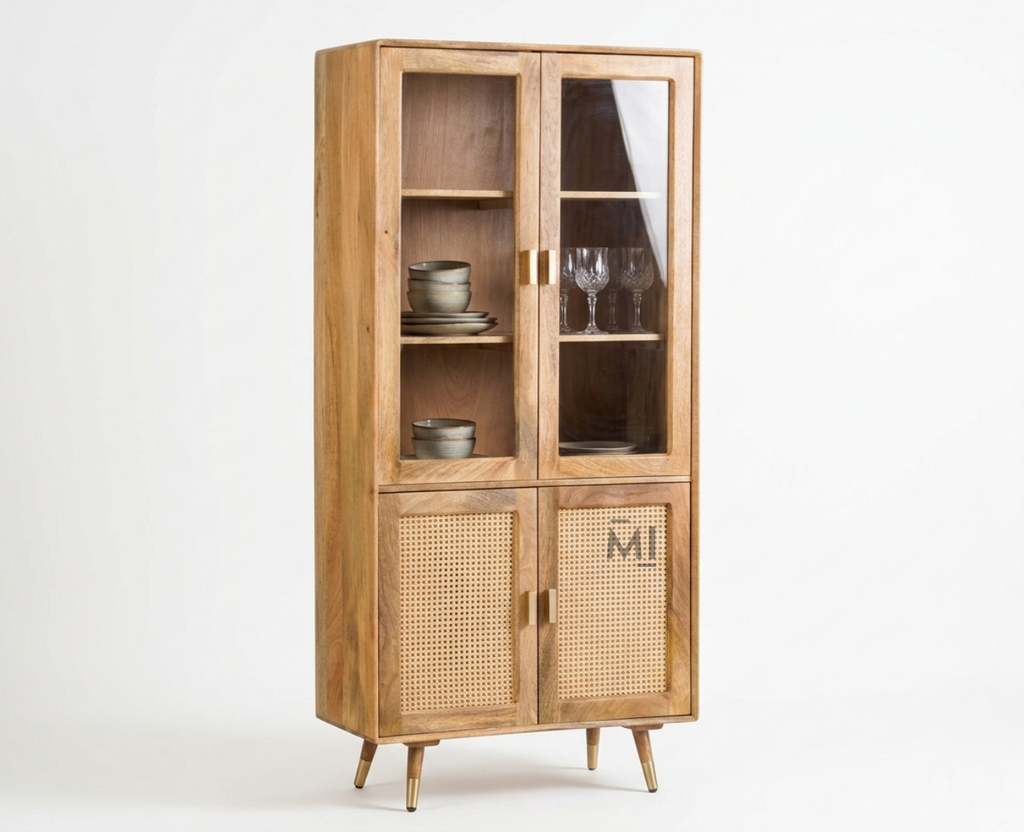 Modern Cane Crockery Unit | Wooden Display Cabinet